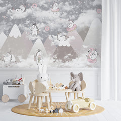 Custom Kids Wall Murals Cute Unicorn Donuts Cloudy Mountains Wallpaper for Kids