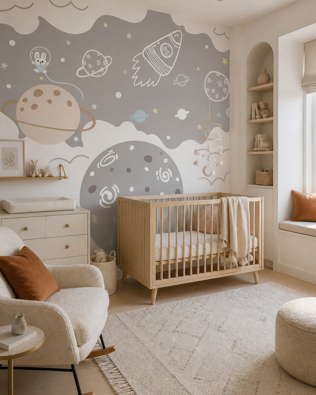 Bunny astronaut, rocket & planets space wall mural in a modern nursery with a crib.