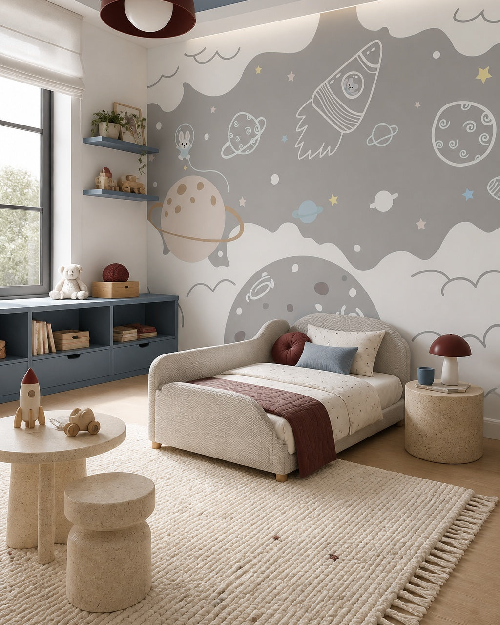 Bunny astronaut, rocket & planets space wall mural in a toddler bedroom with a child-sized bed.
