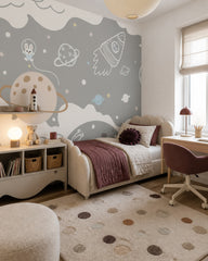Bunny astronaut, rocket & planets space wall mural in a girl’s bedroom.