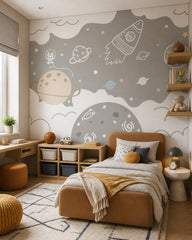 Bunny astronaut, rocket & planets space wall mural in a boy’s bedroom.