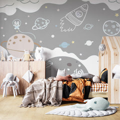 Custom Kids Wall Murals Cartoon Animals Space Rocket Wallpaper for Kids