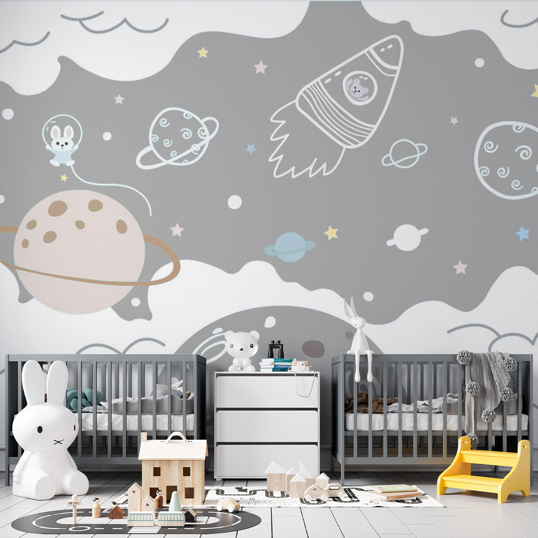 Custom Kids Wall Murals Cartoon Animals Space Rocket Wallpaper for Kids