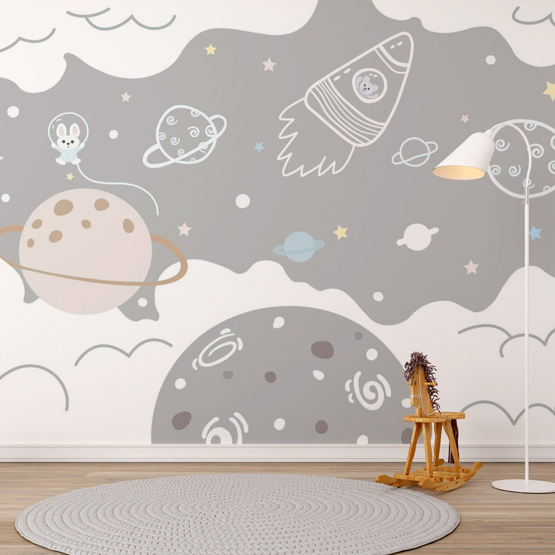 Kids Wall Murals Cartoon Animals Space Rocket Wallpaper for Kids