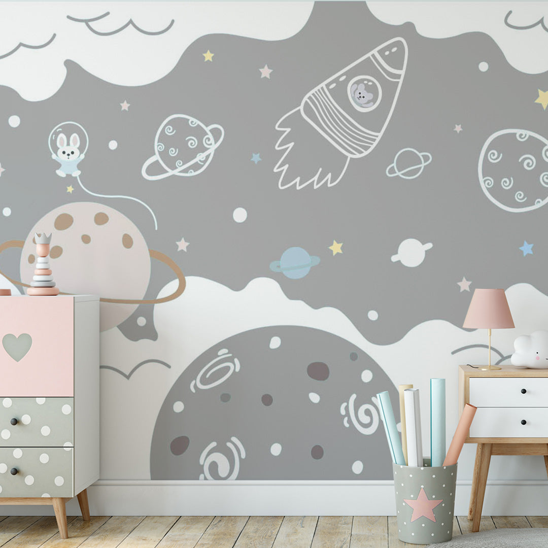 Kids Wall Murals Cartoon Animals Space Rocket Wallpaper for Kids