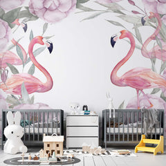 Custom Kids Wall Mural Pink Flamingo with Flowers Watercolour Tropical Nursery Wallpaper