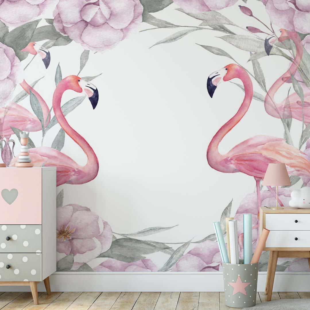 Custom Kids Wall Mural Pink Flamingo with Flowers Watercolour Tropical Nursery Wallpaper