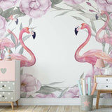 Kids Wall Mural Pink Flamingo with Flowers Watercolour Tropical Nursery Wallpaper