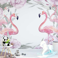 Custom Kids Wall Mural Pink Flamingo with Flowers Watercolour Tropical Nursery Wallpaper