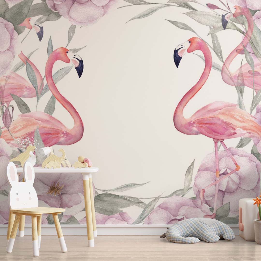 Kids Wall Mural Pink Flamingo with Flowers Watercolour Tropical Nursery Wallpaper