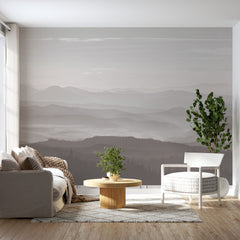 Custom Misty Mountain Range Wallpaper Gray and White Landscape Wall Mural for Living Room, Bedroom Decor