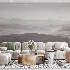 Custom Misty Mountain Range Wallpaper Gray and White Landscape Wall Mural for Living Room, Bedroom Decor