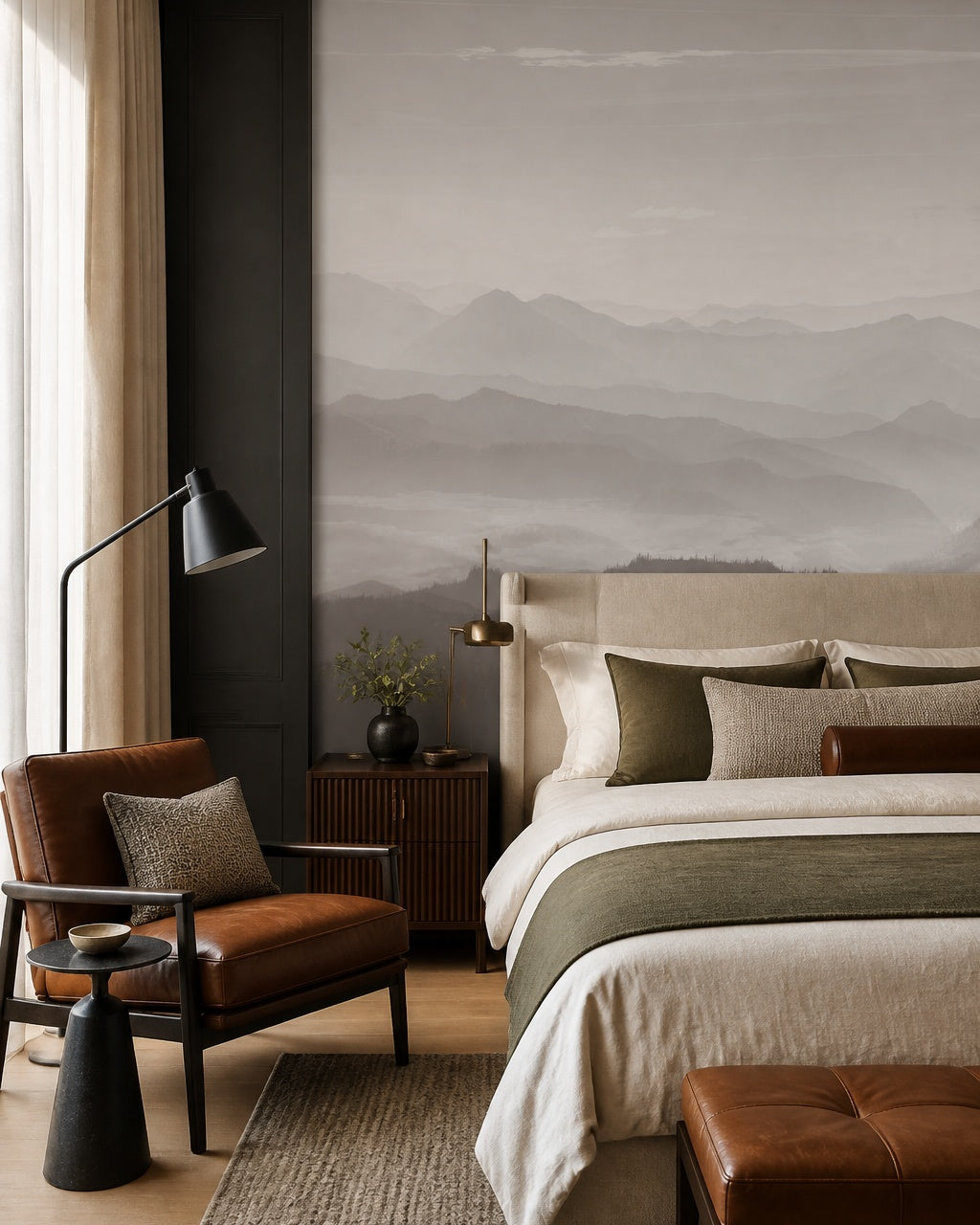 Misty mountain range wallpaper in a designer bedroom.