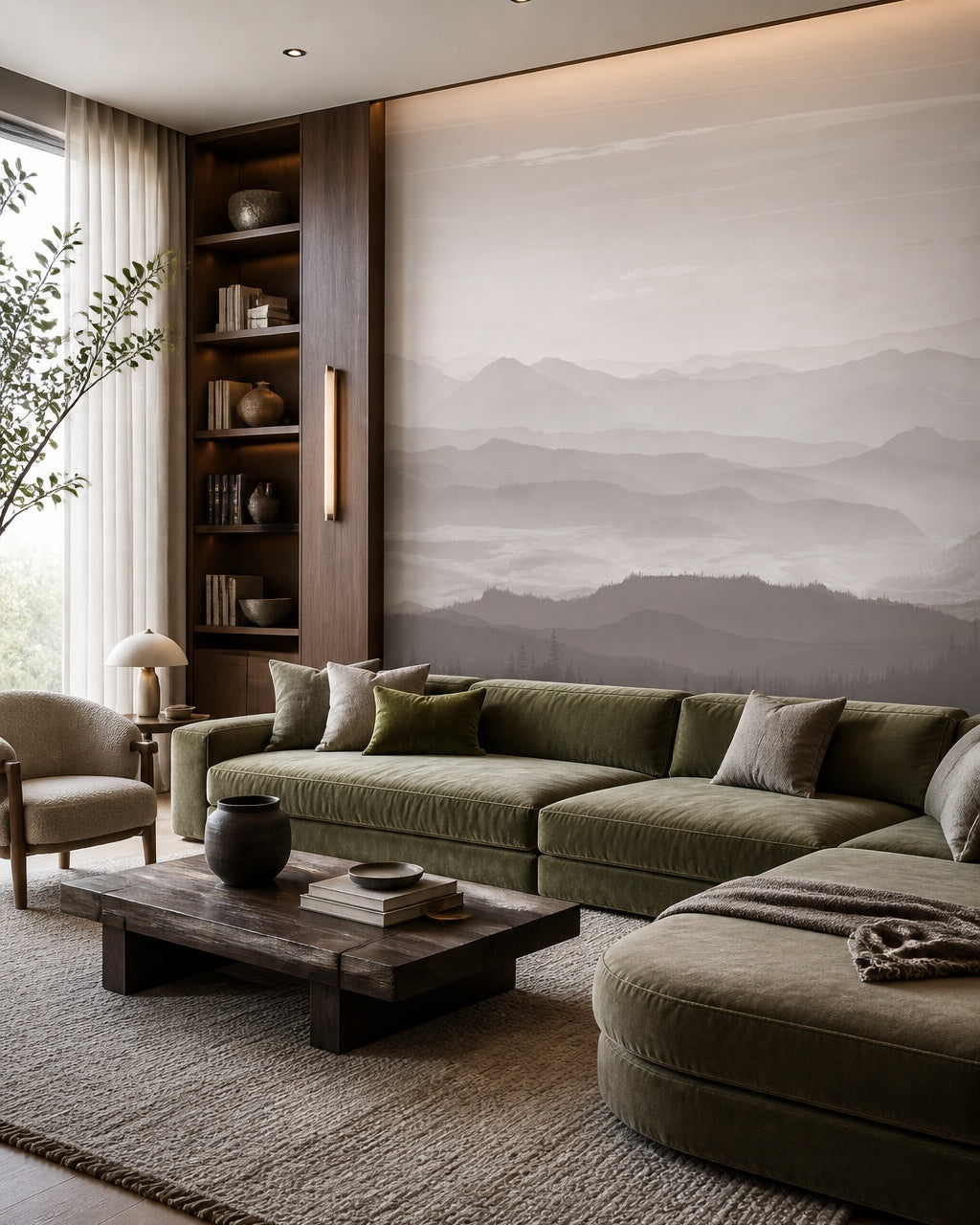 Misty mountain range wallpaper in a designer living room.