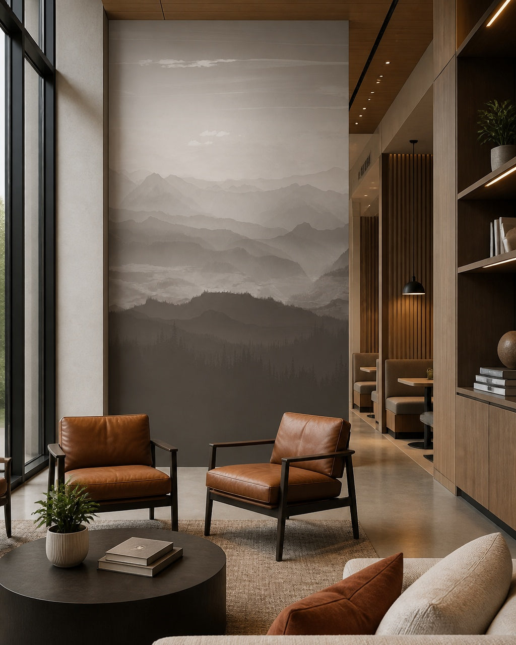 Misty mountain range wallpaper in a creative office lounge.