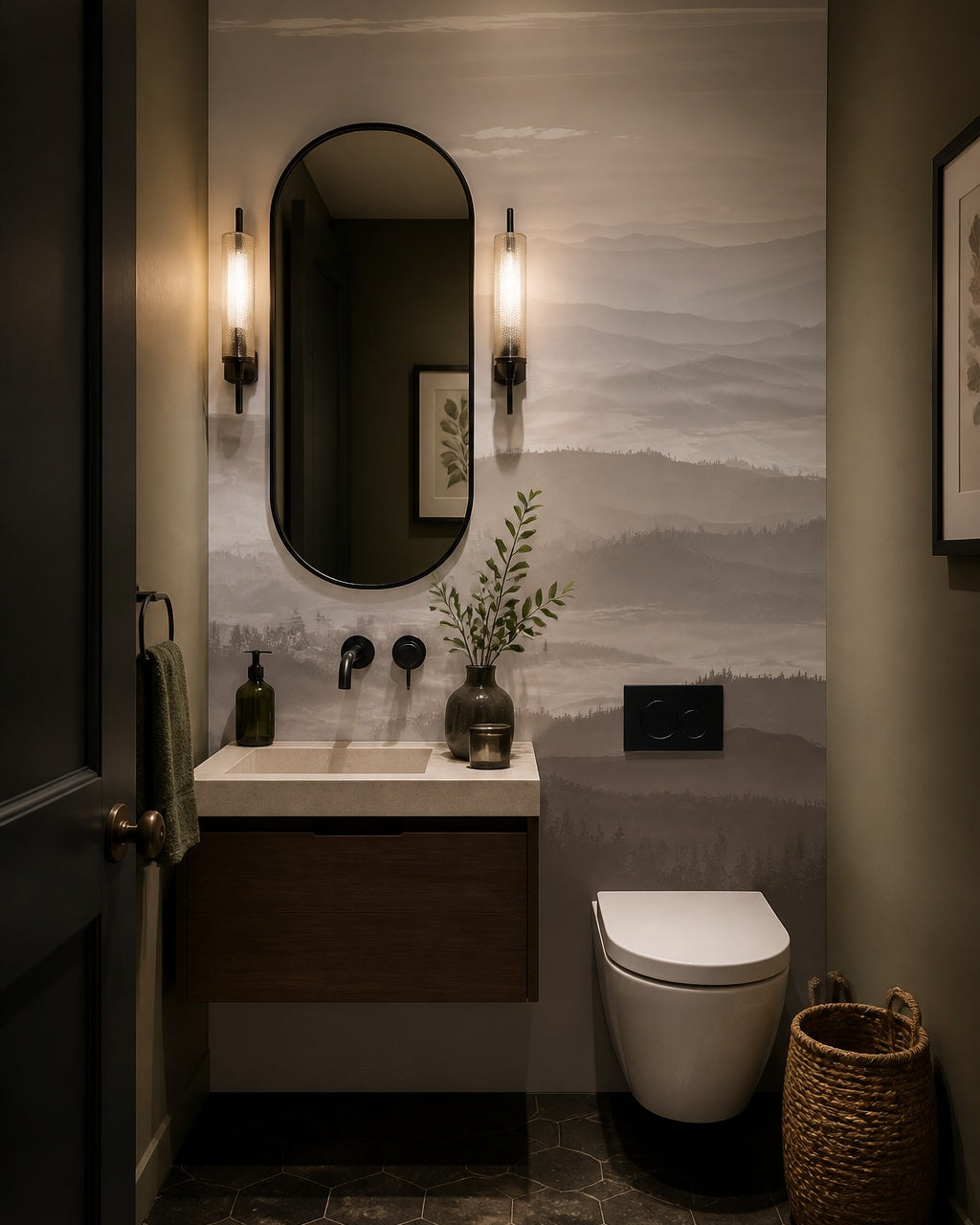 Misty mountain range wallpaper in an elegant powder room.