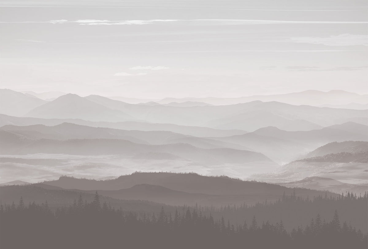 Nevelig bergketen behang – grijs en wit landschap fotobehang