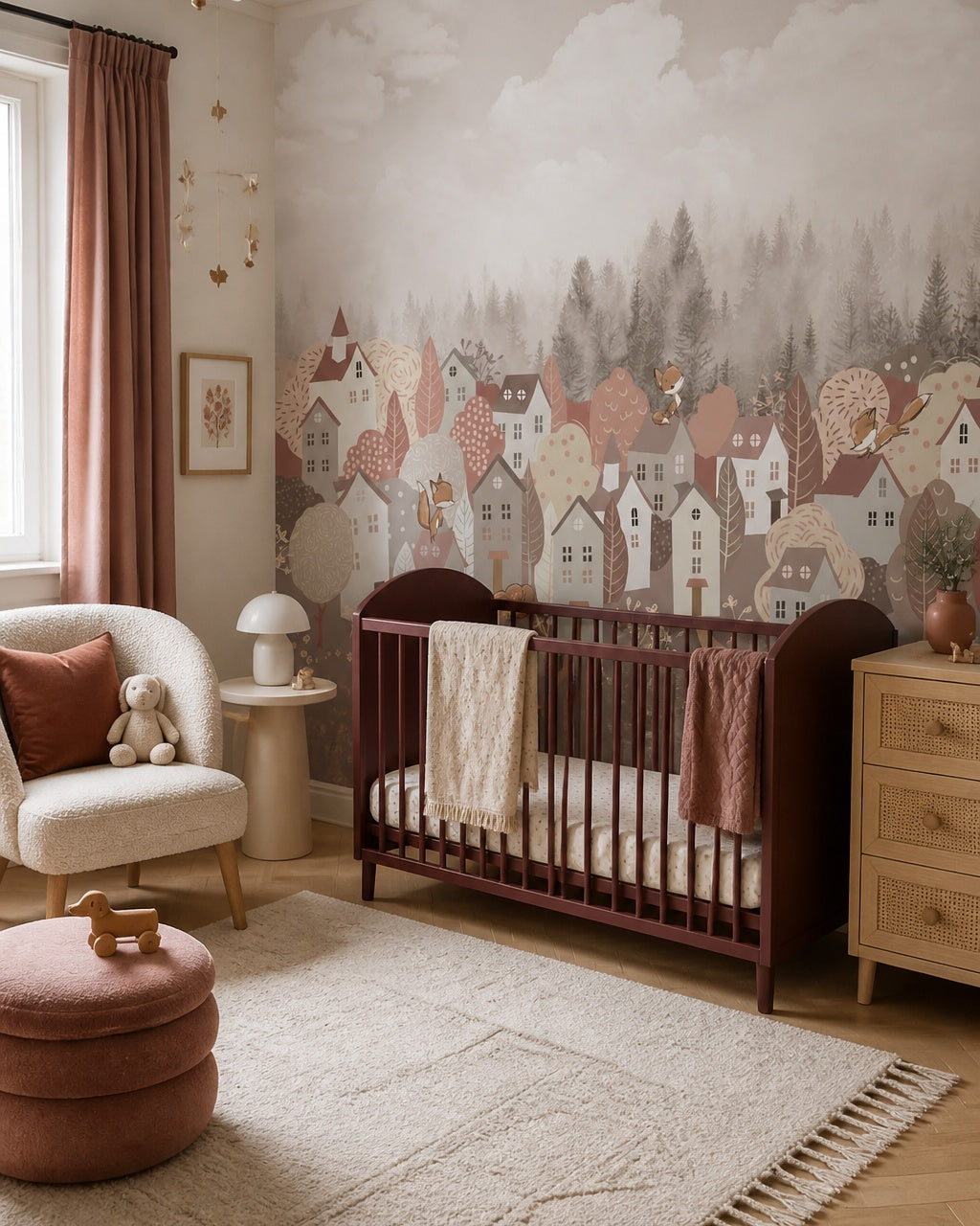 Whimsical foxes in the forest town wallpaper in a modern nursery with a crib.