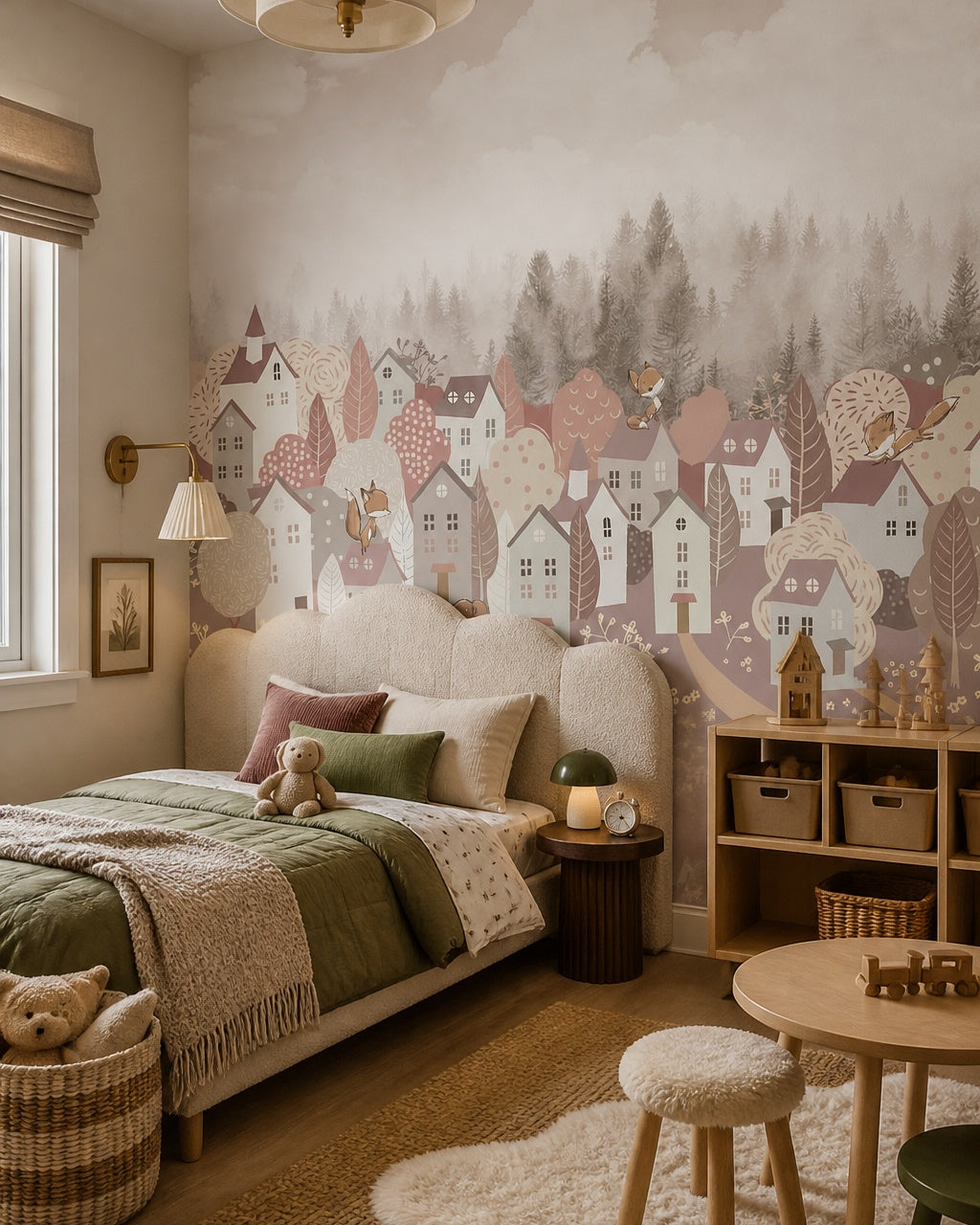 Whimsical foxes in the forest town wallpaper in a toddler bedroom with a child-sized bed.
