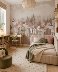 Whimsical foxes in the forest town wallpaper in a girl’s bedroom.
