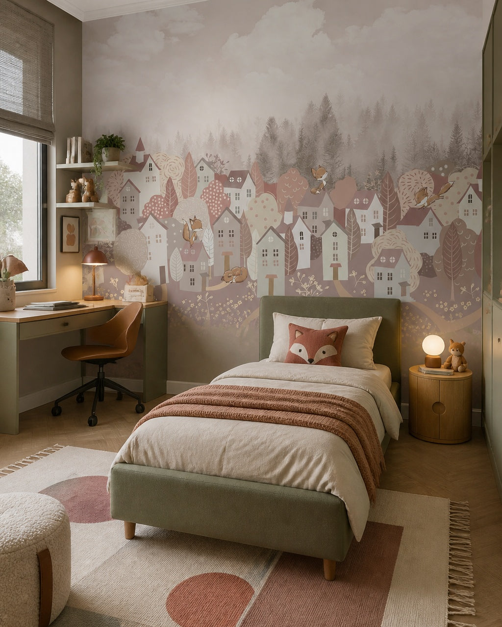 Whimsical foxes in the forest town wallpaper in a boy’s bedroom.