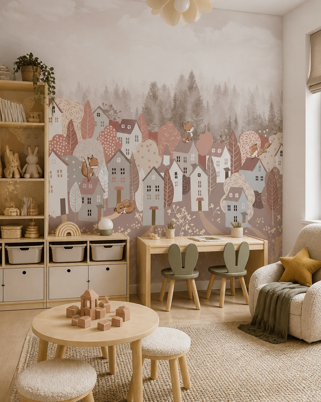 Whimsical foxes in the forest town wallpaper in a children’s playroom.