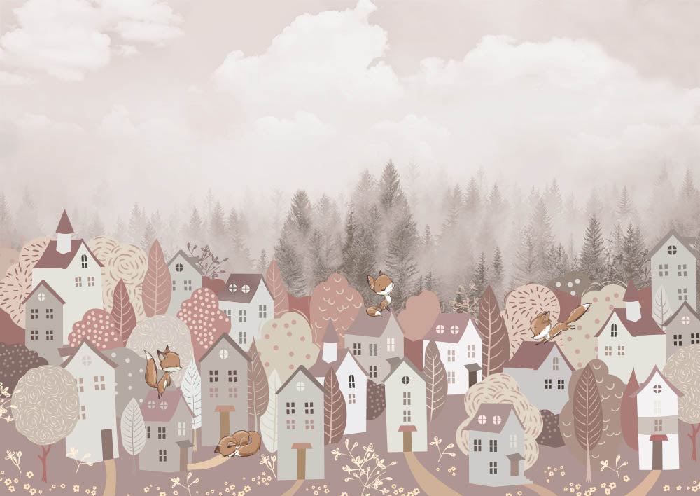 Pink Kids Wall Mural Cartoon City Misty Forest Wallpaper for Girl