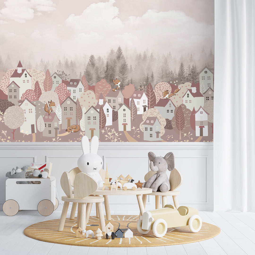 Pink Kids Wall Mural Cartoon City Misty Forest Wallpaper for Girl