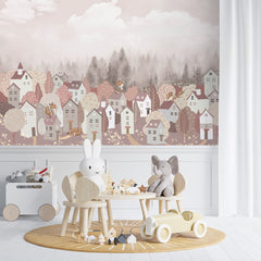 Custom Pink Kids Wall Mural Cartoon City Misty Forest Wallpaper for Girl