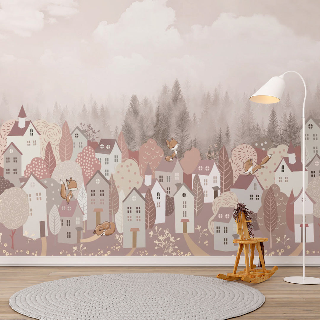 Pink Kids Wall Mural Cartoon City Misty Forest Wallpaper for Girl