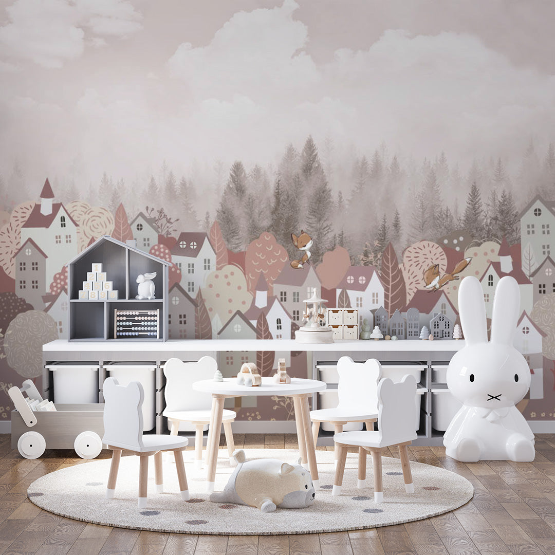 Pink Kids Wall Mural Cartoon City Misty Forest Wallpaper for Girl