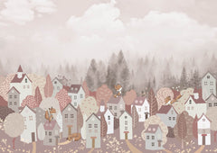 Custom Pink Kids Wall Mural Cartoon City Misty Forest Wallpaper for Girl