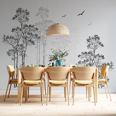 Minimalist Black and White Forest with Birds Wall Mural Wallpaper