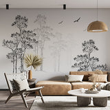 Minimalist Black and White Forest with Birds Wall Mural Wallpaper