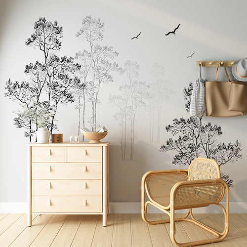 Minimalist Black and White Forest with Birds Wall Mural Wallpaper