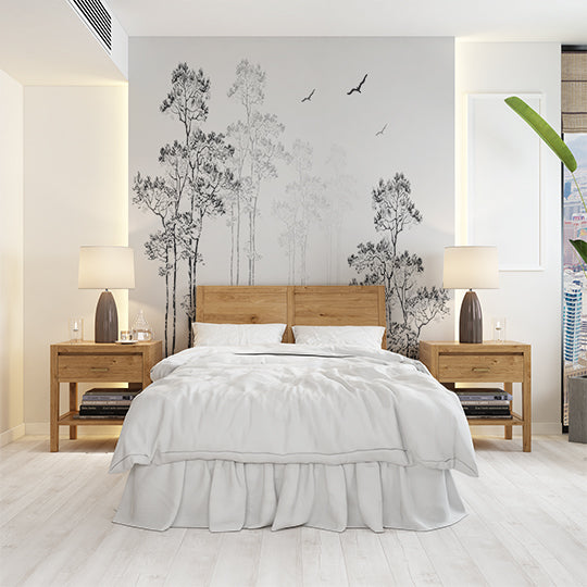 Minimalist Black and White Forest with Birds Wall Mural Wallpaper