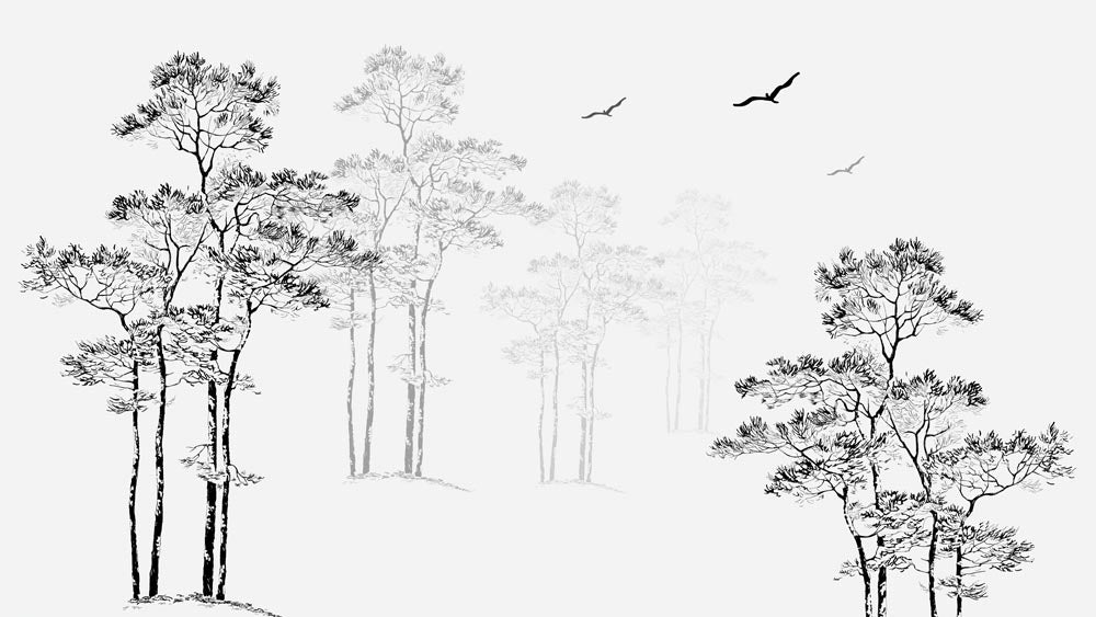 Minimalist Black and White Forest with Birds Wall Mural Wallpaper