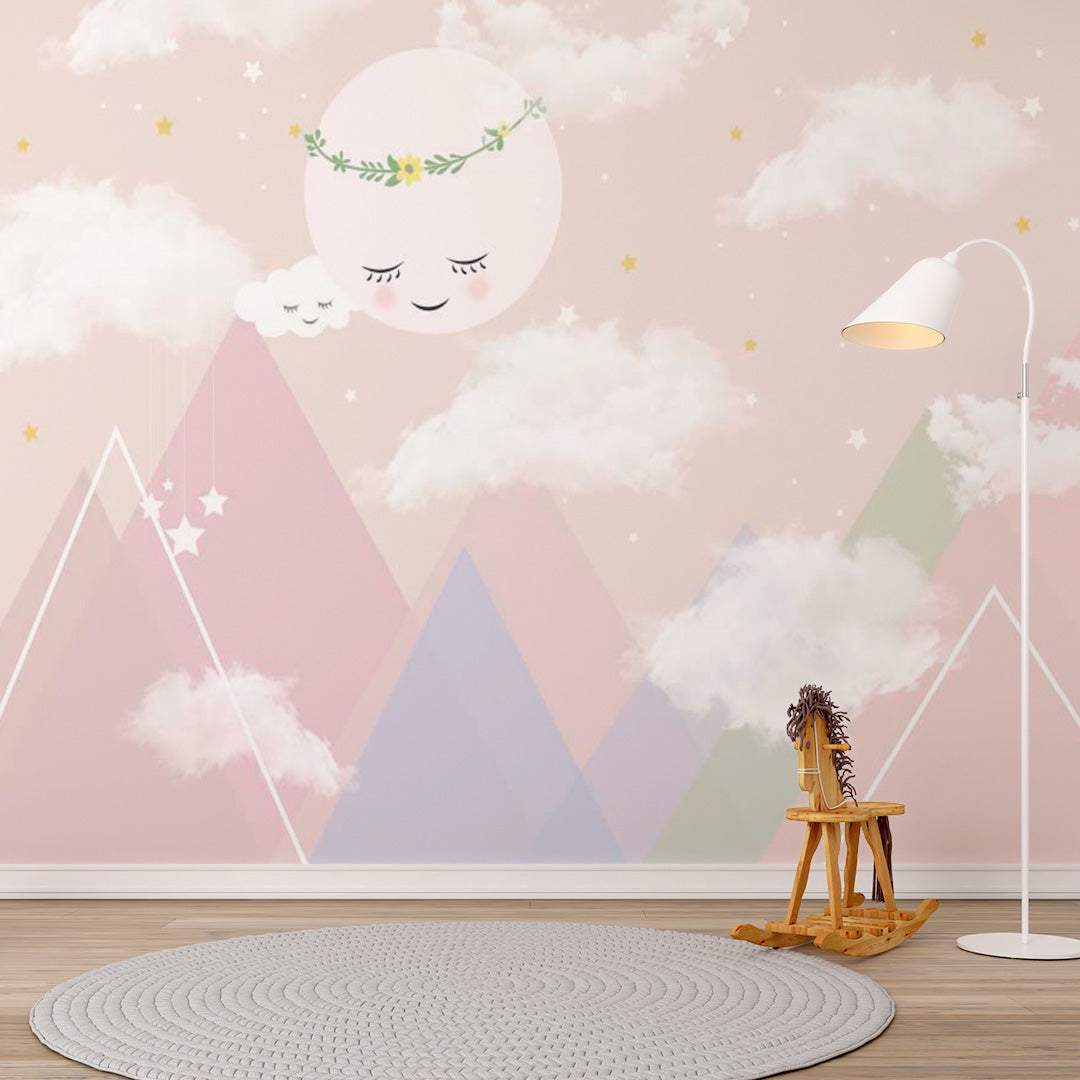 Custom Kids Wall Murals Cute Sun Pink Scandinavian Mountains Wallpaper for Kids