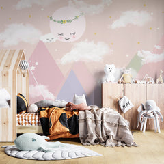 Custom Kids Wall Murals Cute Sun Pink Scandinavian Mountains Wallpaper for Kids