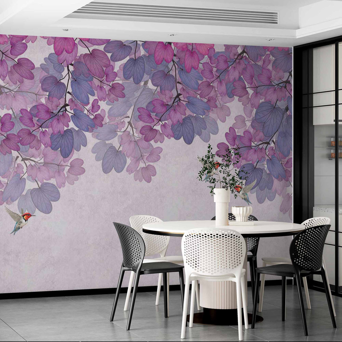 Custom Dreamy Purple and Pink Floral Wall Mural Wallpaper with Hummingbirds