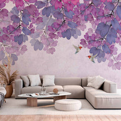 Custom Dreamy Purple and Pink Floral Wall Mural Wallpaper with Hummingbirds