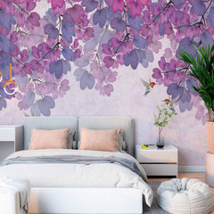 Custom Dreamy Purple and Pink Floral Wall Mural Wallpaper with Hummingbirds