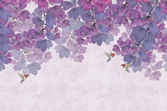 Custom Dreamy Purple and Pink Floral Wall Mural Wallpaper with Hummingbirds