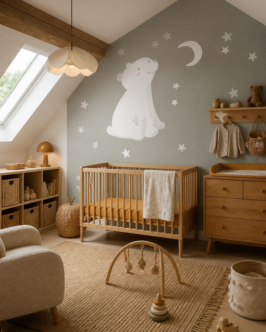 Polar bear wallpaper in a modern nursery with a crib.