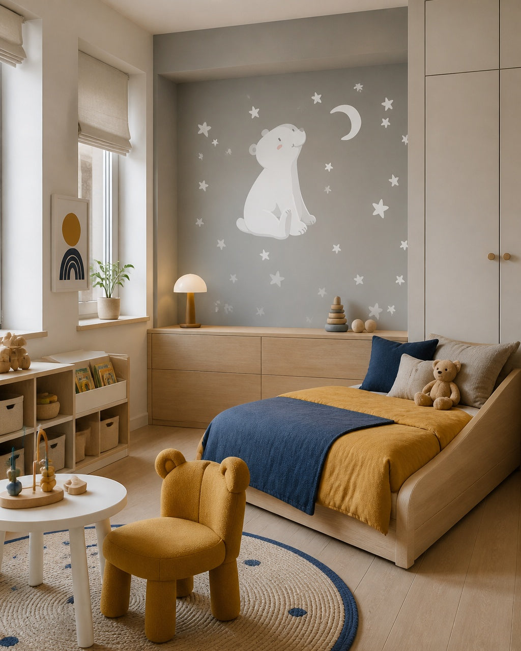 Polar bear wallpaper in a toddler bedroom with a child-sized bed.