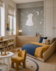 Polar bear wallpaper in a toddler bedroom with a child-sized bed.