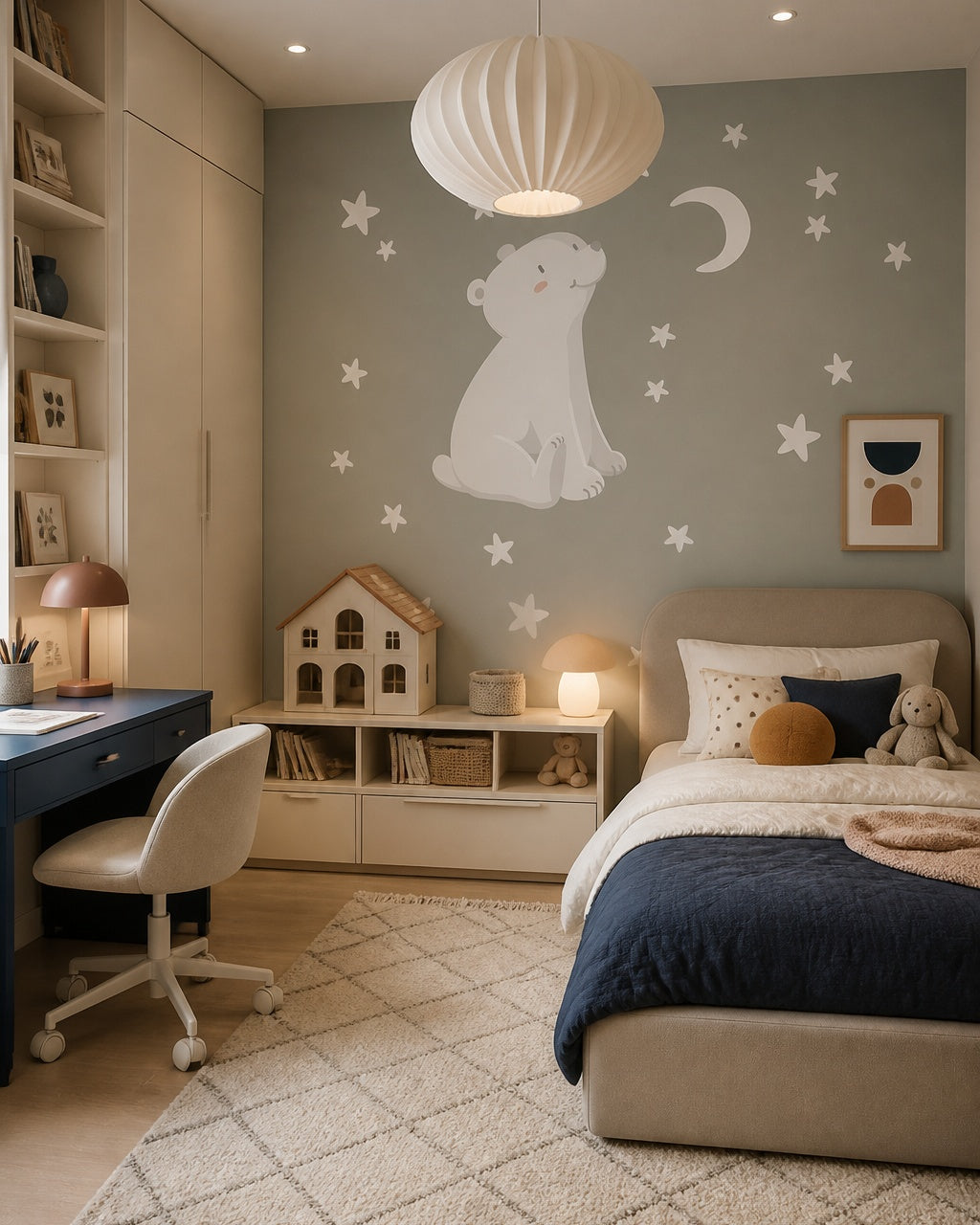 Polar bear wallpaper in a girl’s bedroom.