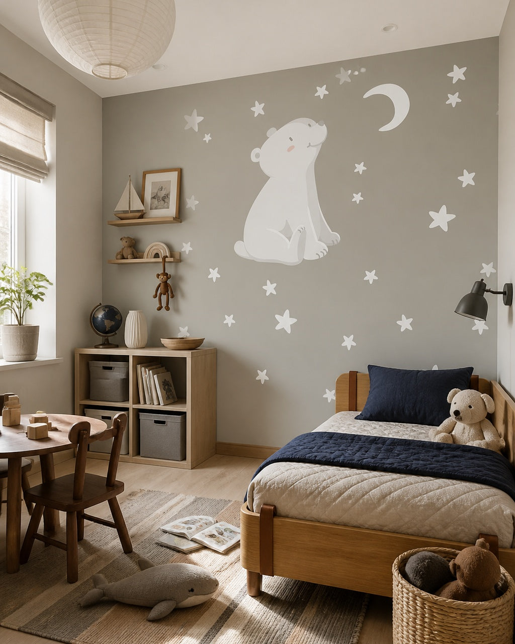 Polar bear wallpaper in a boy’s bedroom.