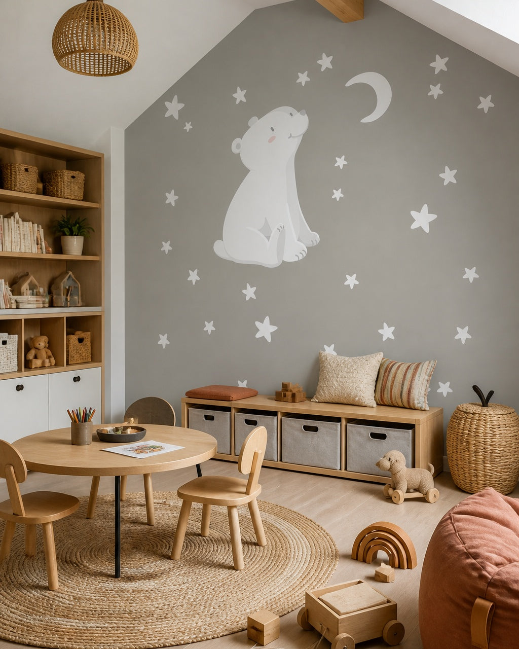 Polar bear wallpaper in a children’s playroom.