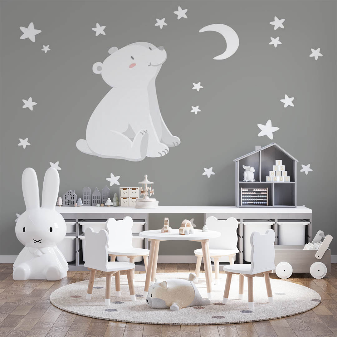 Kids Wall Mural Polar Bear Stars Moon Night Dark Minimal Design Nursery Wallpaper